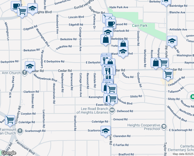 map of restaurants, bars, coffee shops, grocery stores, and more near 2172 Edgewood Road in Cleveland Heights