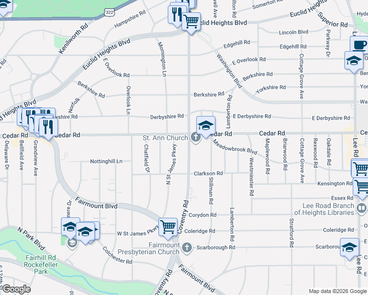 map of restaurants, bars, coffee shops, grocery stores, and more near 2176 Coventry Road in Cleveland Heights