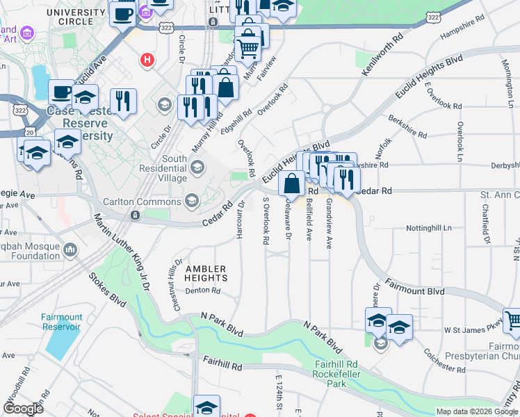 map of restaurants, bars, coffee shops, grocery stores, and more near 2163 South Overlook Road in Cleveland