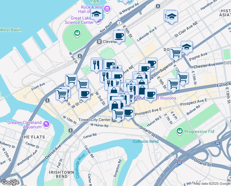 map of restaurants, bars, coffee shops, grocery stores, and more near 127 Public Square in Cleveland