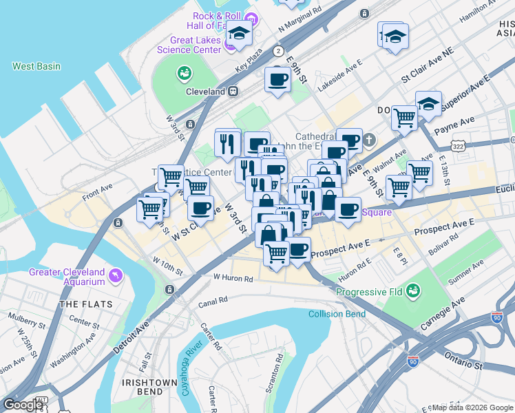 map of restaurants, bars, coffee shops, grocery stores, and more near 116 Rockwell Avenue in Cleveland