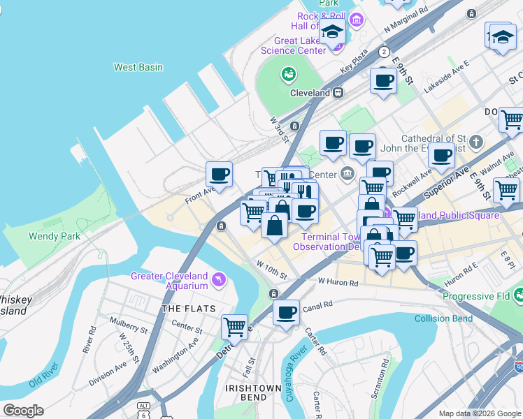 map of restaurants, bars, coffee shops, grocery stores, and more near 711 West Lakeside Avenue in Cleveland