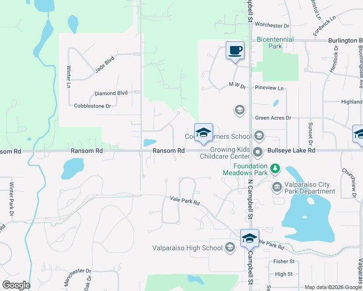 map of restaurants, bars, coffee shops, grocery stores, and more near 708-958 Ransom Road in Valparaiso