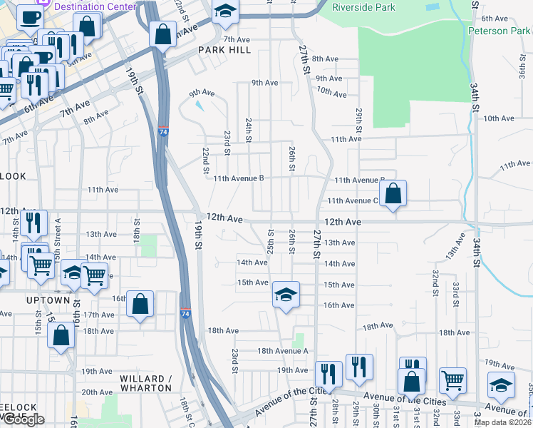 map of restaurants, bars, coffee shops, grocery stores, and more near 1190 24th Street in Moline