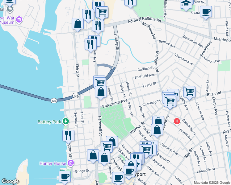 map of restaurants, bars, coffee shops, grocery stores, and more near 44 Evarts Street in Newport