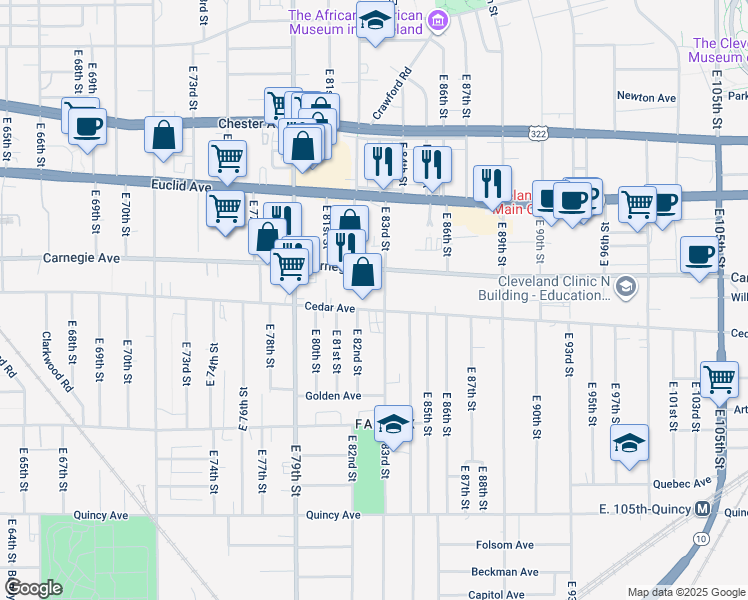 map of restaurants, bars, coffee shops, grocery stores, and more near 8217 Cedar Avenue in Cleveland