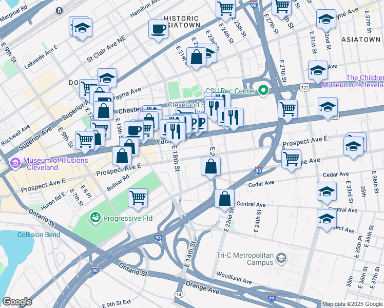 map of restaurants, bars, coffee shops, grocery stores, and more near in Cleveland