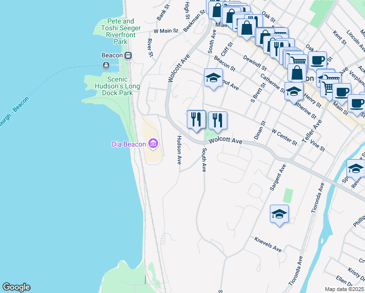 map of restaurants, bars, coffee shops, grocery stores, and more near 316 Hudson Avenue in Beacon