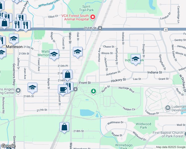 map of restaurants, bars, coffee shops, grocery stores, and more near 3404 Station Drive in Matteson