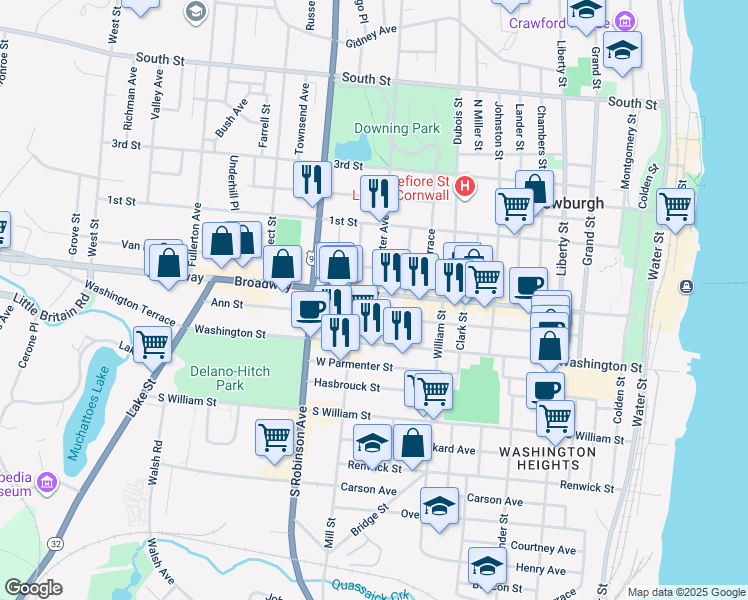 map of restaurants, bars, coffee shops, grocery stores, and more near 261 Broadway in Newburgh