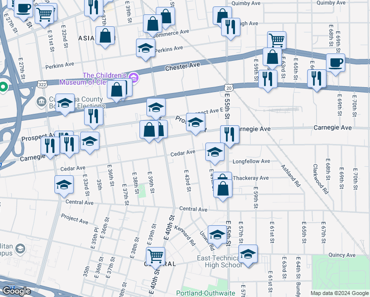 map of restaurants, bars, coffee shops, grocery stores, and more near 4303 Cedar Avenue in Cleveland