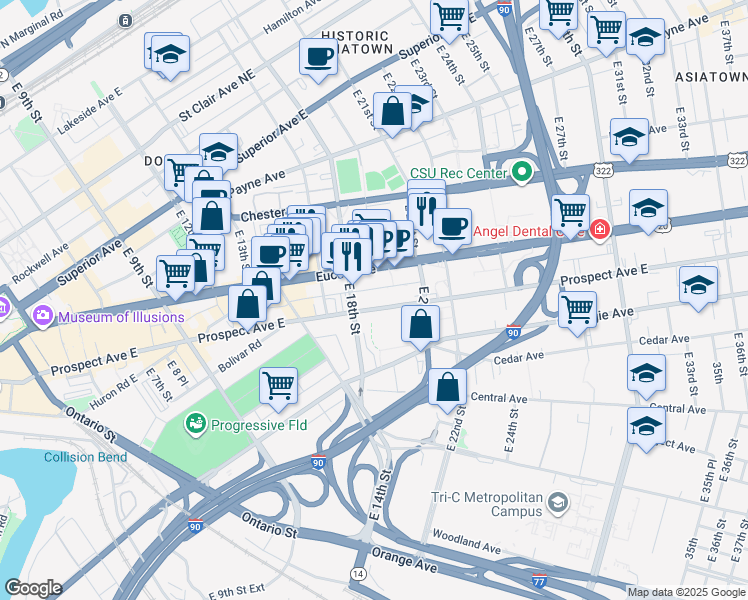 map of restaurants, bars, coffee shops, grocery stores, and more near 1835 Prospect Avenue East in Cleveland