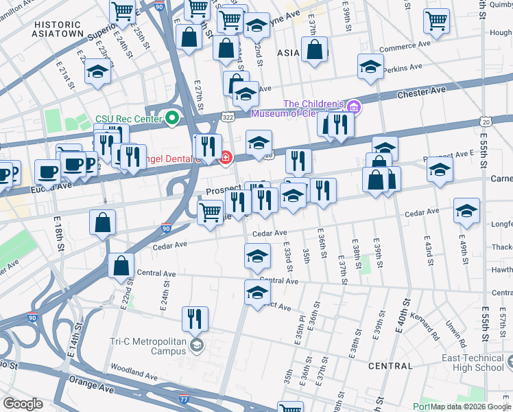 map of restaurants, bars, coffee shops, grocery stores, and more near 3043 Carnegie Avenue in Cleveland