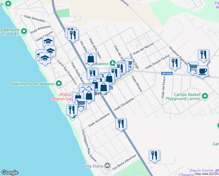 map of restaurants, bars, coffee shops, grocery stores, and more near 26 Viale alla Marina in Anzio