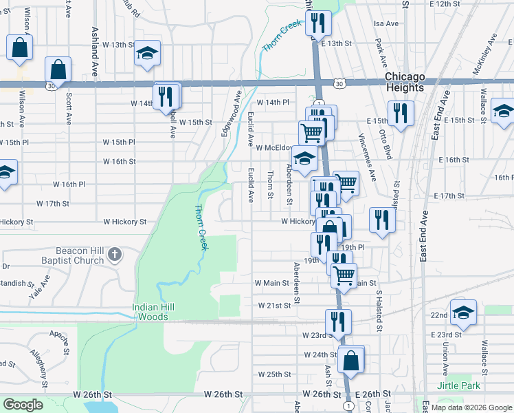 map of restaurants, bars, coffee shops, grocery stores, and more near 1655 Euclid Avenue in Chicago Heights