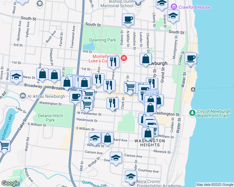 map of restaurants, bars, coffee shops, grocery stores, and more near Broadway & William Street in Newburgh