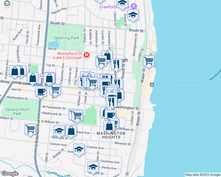 map of restaurants, bars, coffee shops, grocery stores, and more near 10 Chambers Street in Newburgh