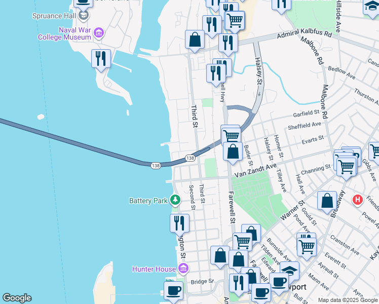 map of restaurants, bars, coffee shops, grocery stores, and more near 125 Second Street in Newport
