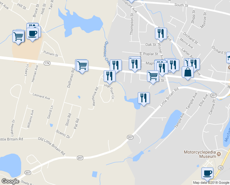 map of restaurants, bars, coffee shops, grocery stores, and more near 117 High Point Circle in Newburgh