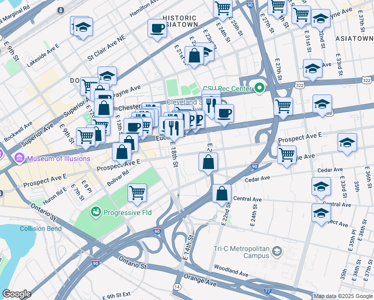 map of restaurants, bars, coffee shops, grocery stores, and more near 1823 Prospect Avenue East in Cleveland