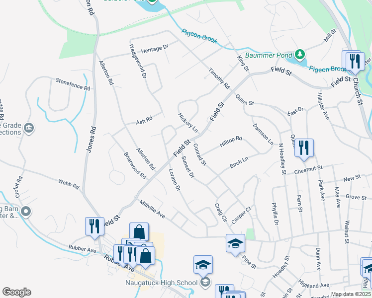map of restaurants, bars, coffee shops, grocery stores, and more near 506 Field Street in Naugatuck