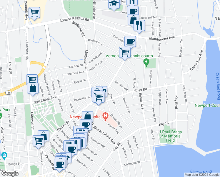 map of restaurants, bars, coffee shops, grocery stores, and more near 355 Broadway in Newport