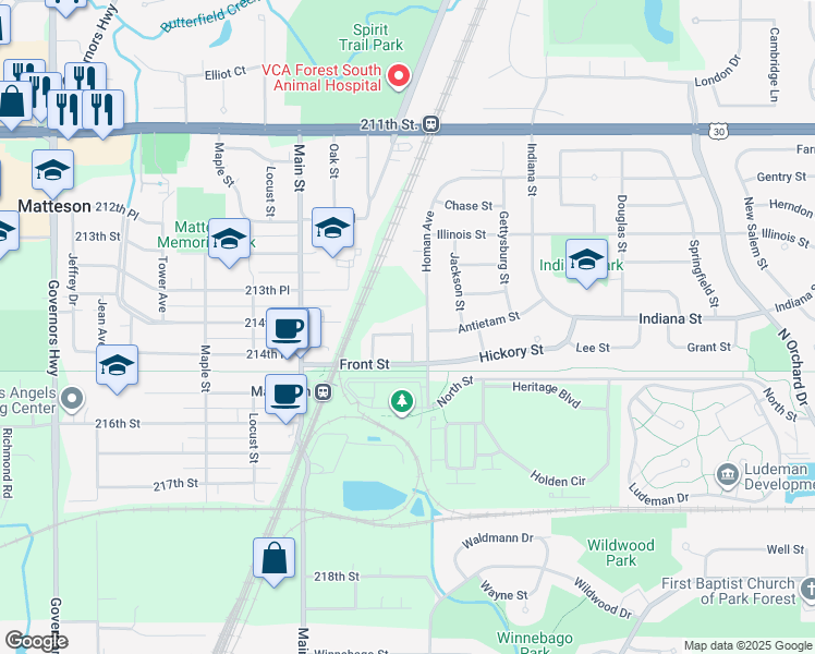 map of restaurants, bars, coffee shops, grocery stores, and more near 3404 Station Drive in Matteson