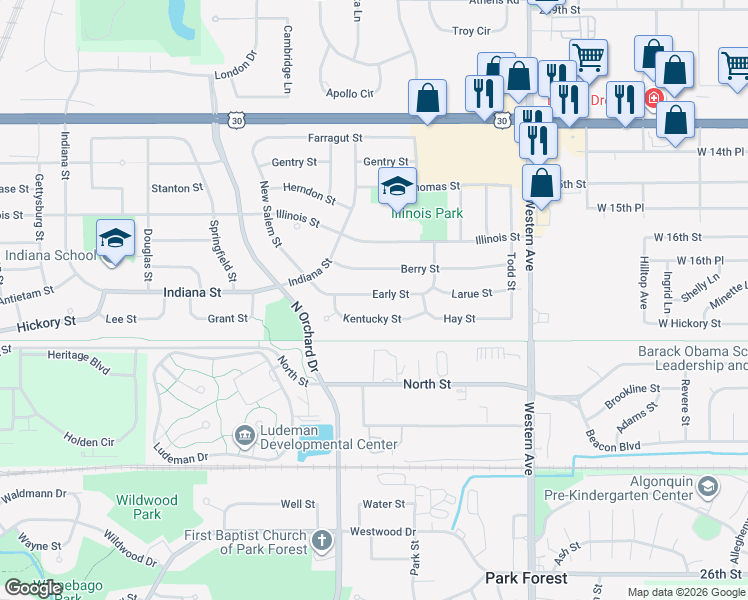 map of restaurants, bars, coffee shops, grocery stores, and more near 217 Early Street in Park Forest