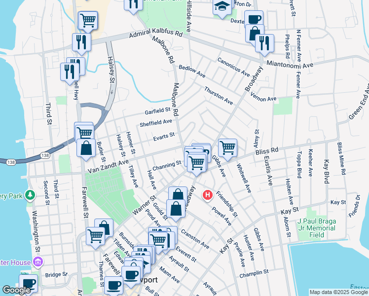 map of restaurants, bars, coffee shops, grocery stores, and more near 22 Summer Street in Newport