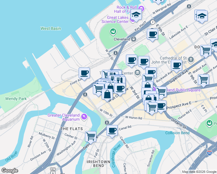 map of restaurants, bars, coffee shops, grocery stores, and more near 635 West Lakeside Avenue in Cleveland