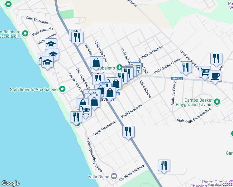 map of restaurants, bars, coffee shops, grocery stores, and more near 26 Viale alla Marina in Anzio