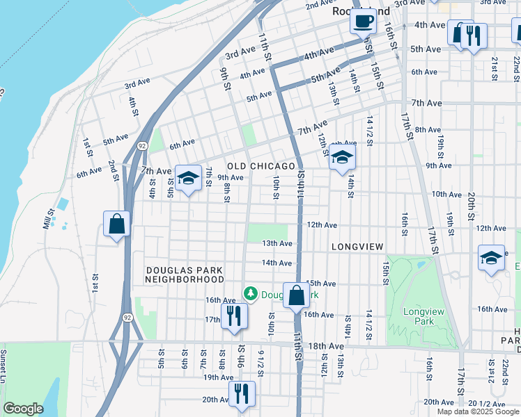 map of restaurants, bars, coffee shops, grocery stores, and more near 916 11th Avenue in Rock Island