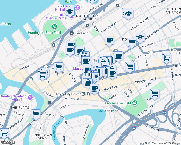 map of restaurants, bars, coffee shops, grocery stores, and more near 206 East Roadway in Cleveland
