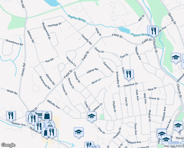 map of restaurants, bars, coffee shops, grocery stores, and more near 50 Hilltop Road in Naugatuck