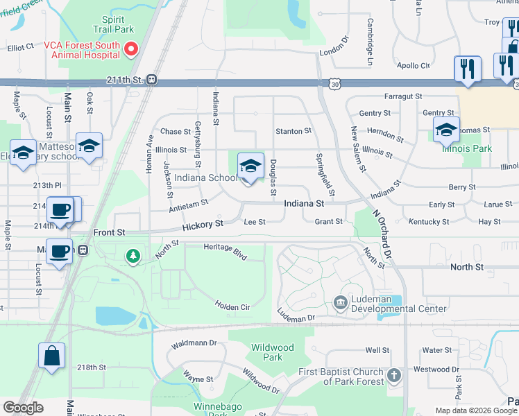 map of restaurants, bars, coffee shops, grocery stores, and more near 207 Indiana Street in Park Forest