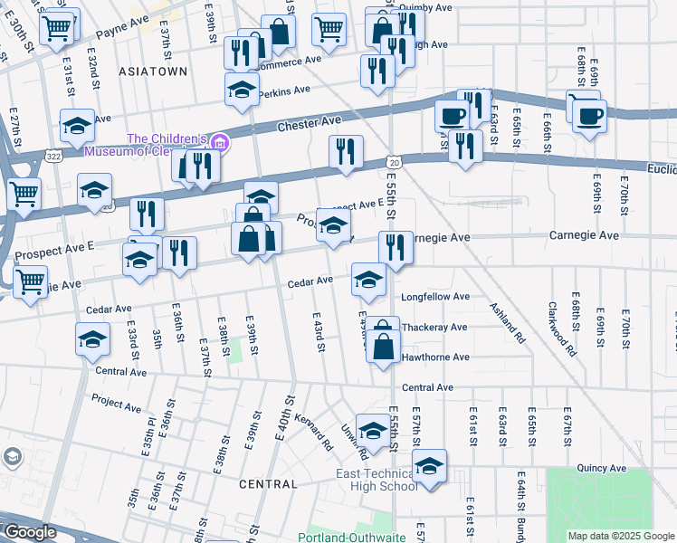 map of restaurants, bars, coffee shops, grocery stores, and more near 4801 Cedar Avenue in Cleveland