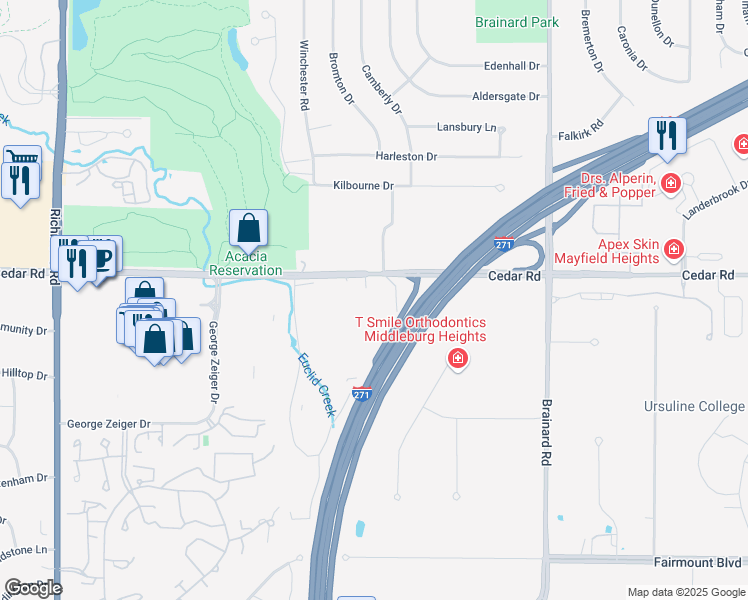 map of restaurants, bars, coffee shops, grocery stores, and more near 27500 Cedar Road in Beachwood