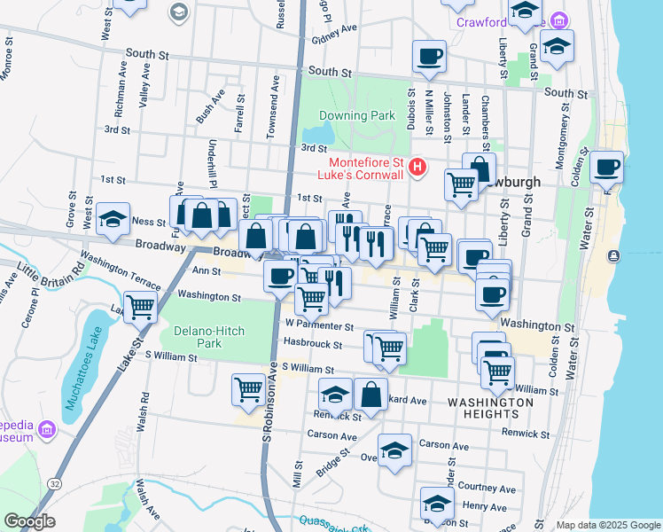 map of restaurants, bars, coffee shops, grocery stores, and more near 261 Broadway in Newburgh