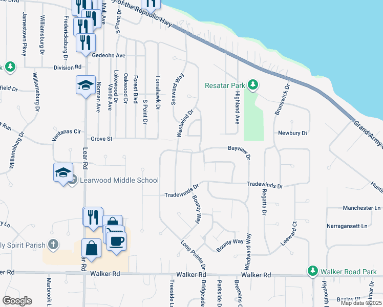 map of restaurants, bars, coffee shops, grocery stores, and more near 196 Bounty Way in Avon Lake