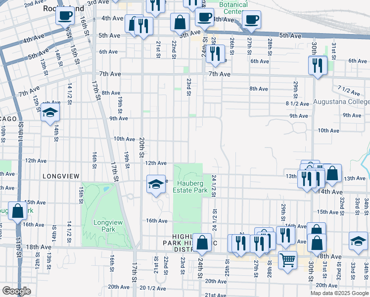 map of restaurants, bars, coffee shops, grocery stores, and more near 1016 23rd Street in Rock Island