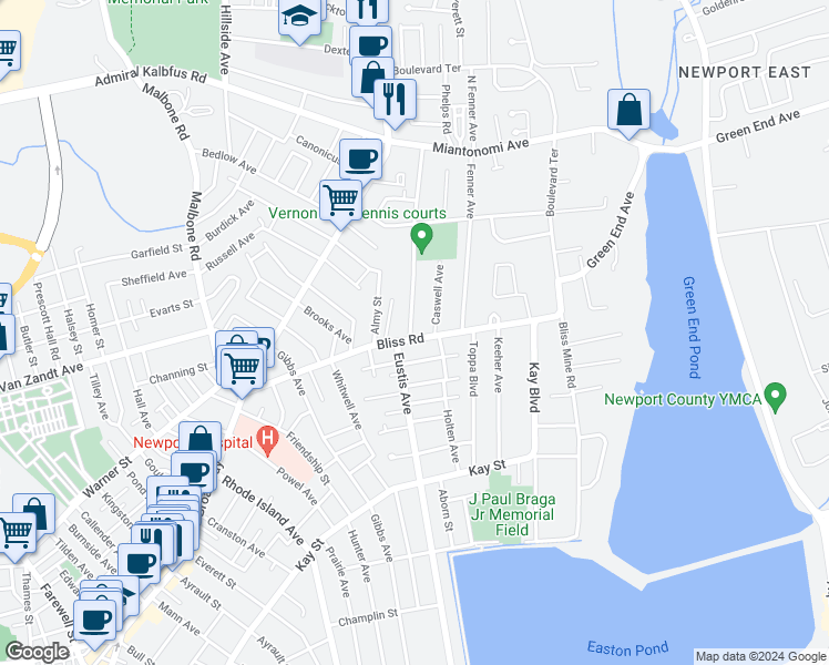 map of restaurants, bars, coffee shops, grocery stores, and more near 86 Bliss Road in Newport