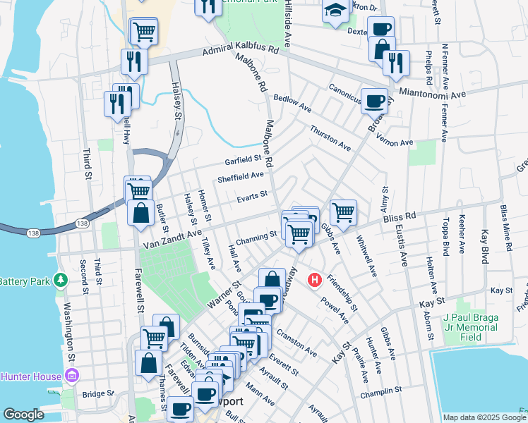 map of restaurants, bars, coffee shops, grocery stores, and more near 130 Van Zandt Avenue in Newport