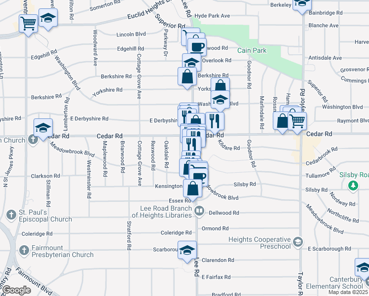 map of restaurants, bars, coffee shops, grocery stores, and more near 2176 Lee Road in Cleveland Heights