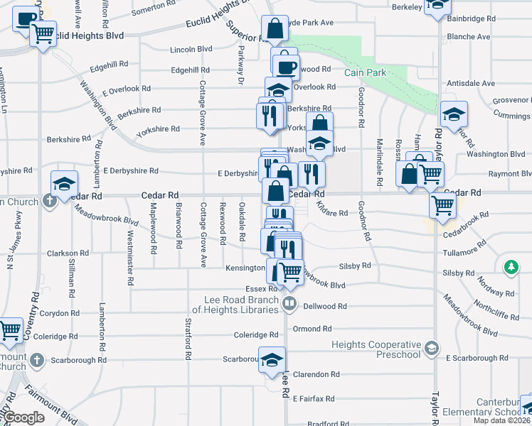 map of restaurants, bars, coffee shops, grocery stores, and more near 2172 Edgewood Road in Cleveland Heights