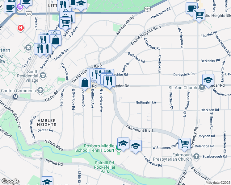 map of restaurants, bars, coffee shops, grocery stores, and more near 2493 Fairmount Boulevard in Cleveland Heights