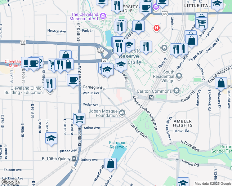 map of restaurants, bars, coffee shops, grocery stores, and more near 10816 Carnegie Avenue in Cleveland
