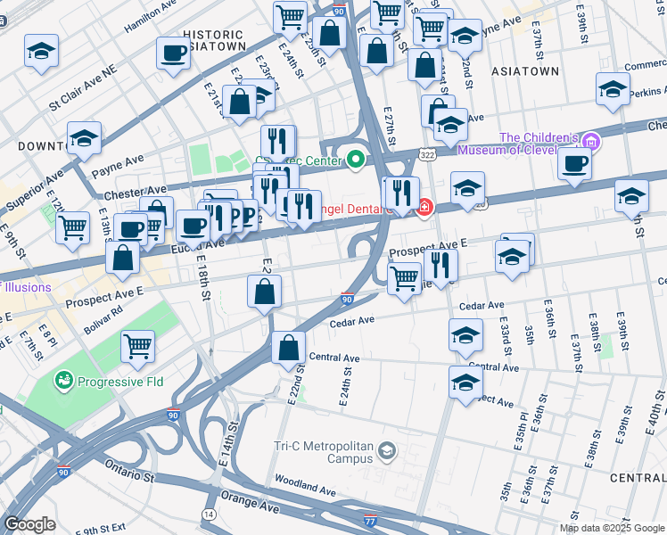 map of restaurants, bars, coffee shops, grocery stores, and more near 2422 Prospect Avenue East in Cleveland