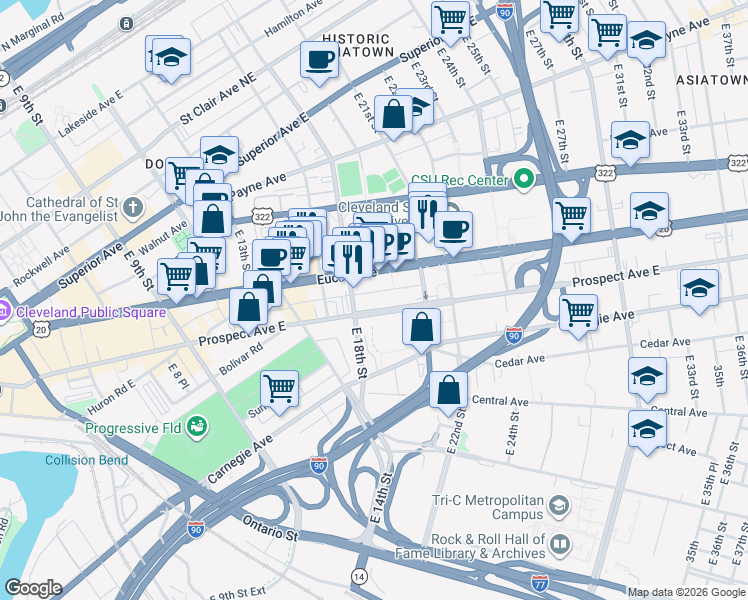 map of restaurants, bars, coffee shops, grocery stores, and more near 1823 Prospect Avenue East in Cleveland