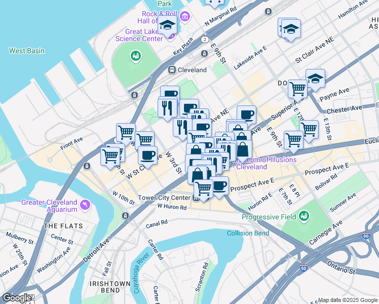 map of restaurants, bars, coffee shops, grocery stores, and more near 116 Rockwell Avenue in Cleveland