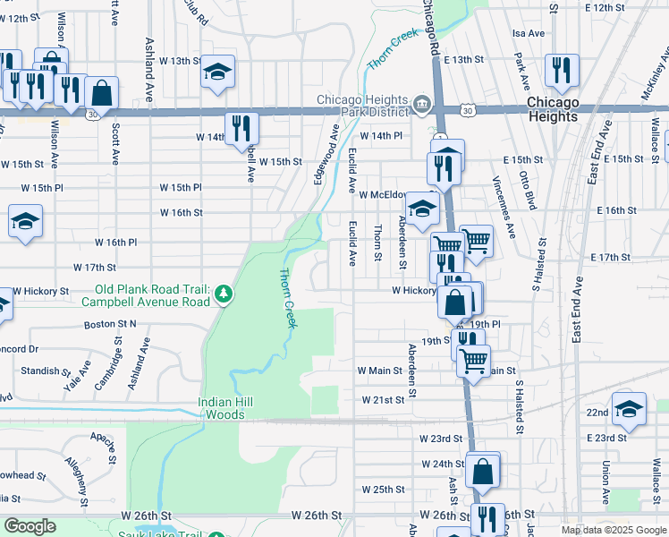 map of restaurants, bars, coffee shops, grocery stores, and more near 1654 Buena Vista Avenue in Chicago Heights